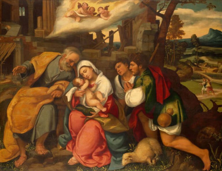Jezus-gebaar scene met Maria die haar baby Jezus in armen houdt, vergezeld door Jozef en andere figuren; opvallende rode mantel en gouden kleding geven kleur aan het nativity-inspired schilderij